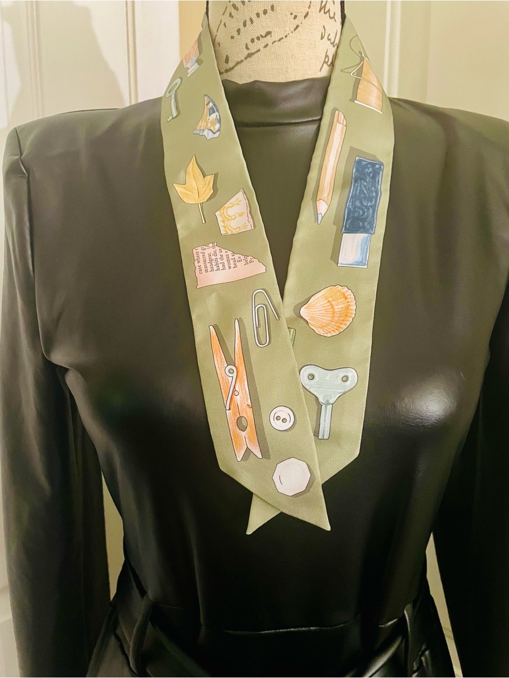 Hermes Green and Beige Silk Twilly Tie with Stationery Motif